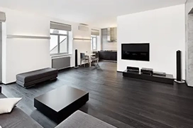 Dark vinyl flooring in modern living space.