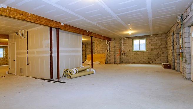 A picture of a basement in the process of being finished.