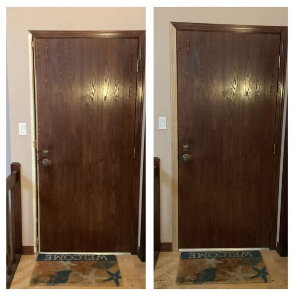 Before and after photos show the results of a door repair in Oak Brook, IL by the pros at Mr. Handyman.