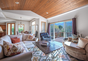 Living area with high, wood ceilings.